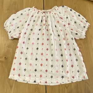 Ann Taylor Loft Puff Sleeve Shirt Women's Small White Embroidered Festive